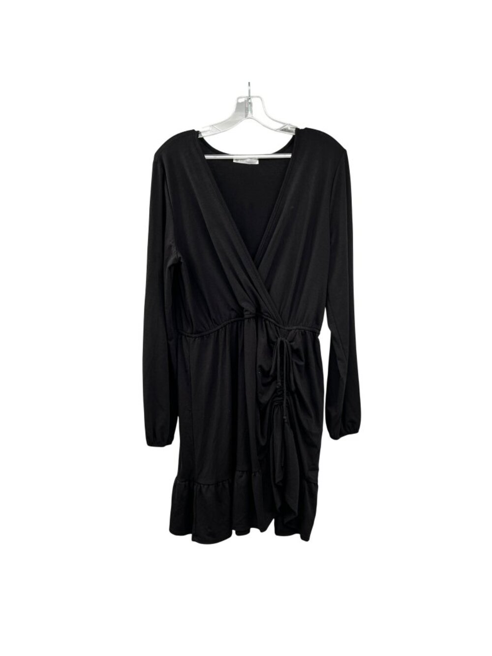 FSL Apparel Faux Wrap Dress Black Gathered Size Large Long Sleeve
